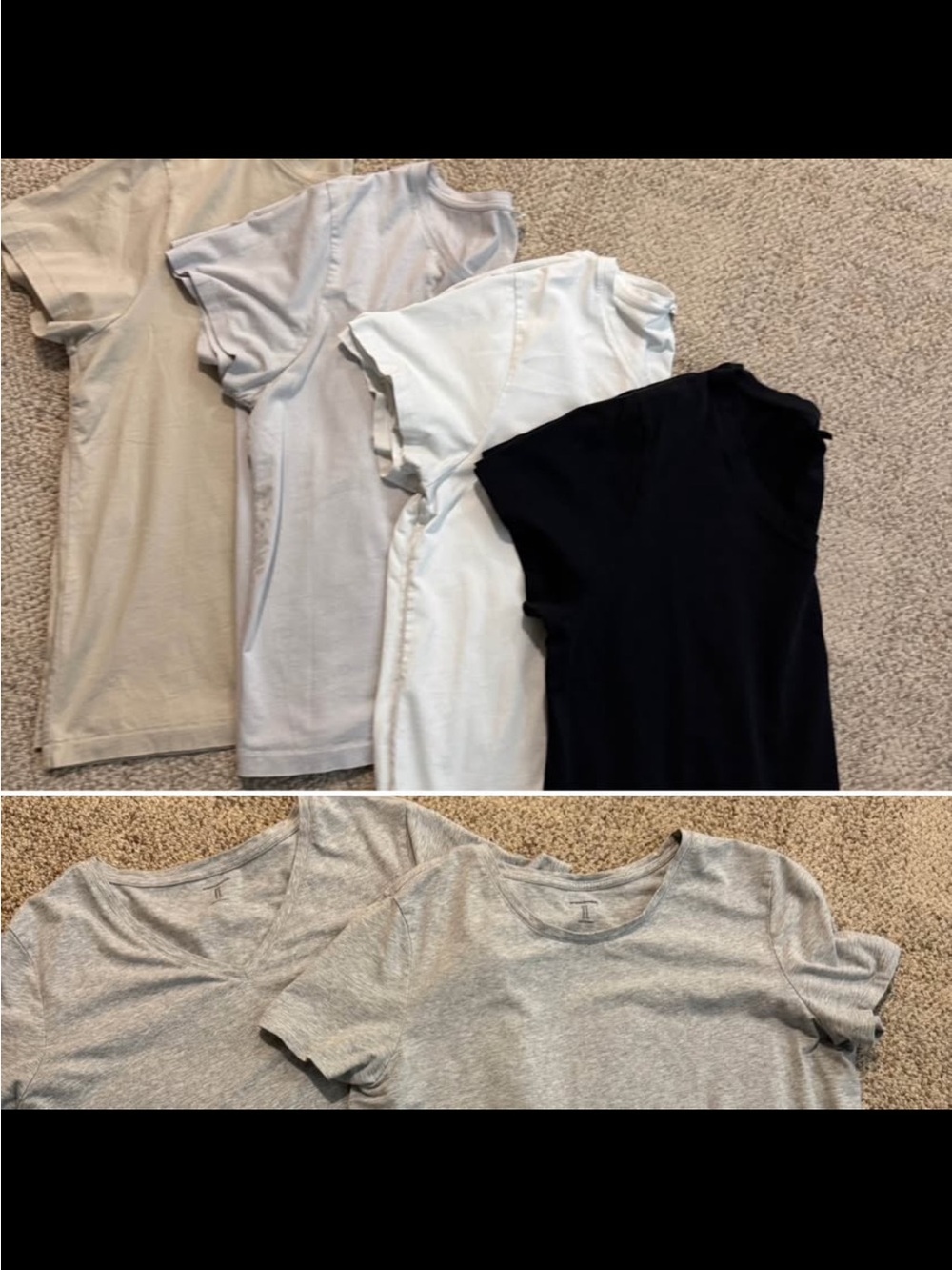 Uniqlo and Amazon Short Sleeve Tees in Black, White, Light Gray, and Beige